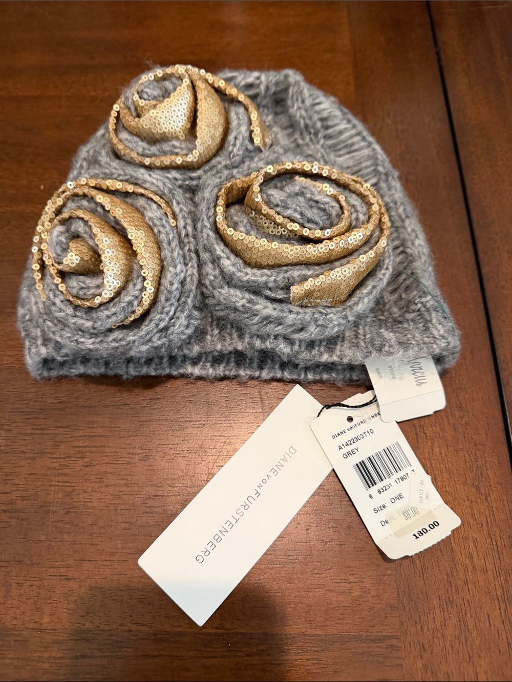 Diane Von Furstenberg Grey Knit Headband with Gold Sequin Rosette Accents